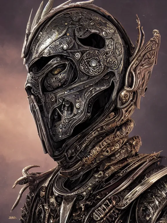 Image similar to portrait art of 8k ultra realistic undead wraith, ornate helmet , detailed intricate ornate armour,corrupted, cybernetic, full of colour, cinematic lighting, battered, trending on artstation, 4k, hyperrealistic, focused, extreme details,unreal engine 5, cinematic, masterpiece, art by ayami kojima, giger