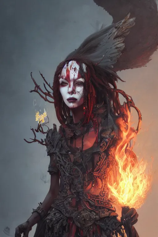 Prompt: face closeup of beautiful girl necromancer, witch - doctor covered in blood, fallen angel, diablo, 3 d render, hyper - realistic detailed portrait, holding fire and electricity, ruan jia, wlop. scifi, fantasy, magic the gathering, hyper detailed, octane render, concept art, peter mohrbacher