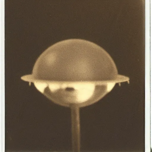 Image similar to old polaroid depicting a small spheric metallic alien probe, hovering at a clearing