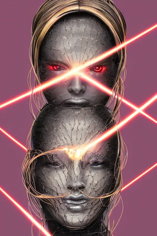 Image similar to organic cyborg head wrapped in barb wire lasers by Hajime Sorayama and Jamie Coreth, trending on artstation, centered, symmetrical, rim lighting, electric hair, bilateral symmetry, 80s poster, polished, thick smoke, retro dark vintage sci-fi, 2D matte illustration