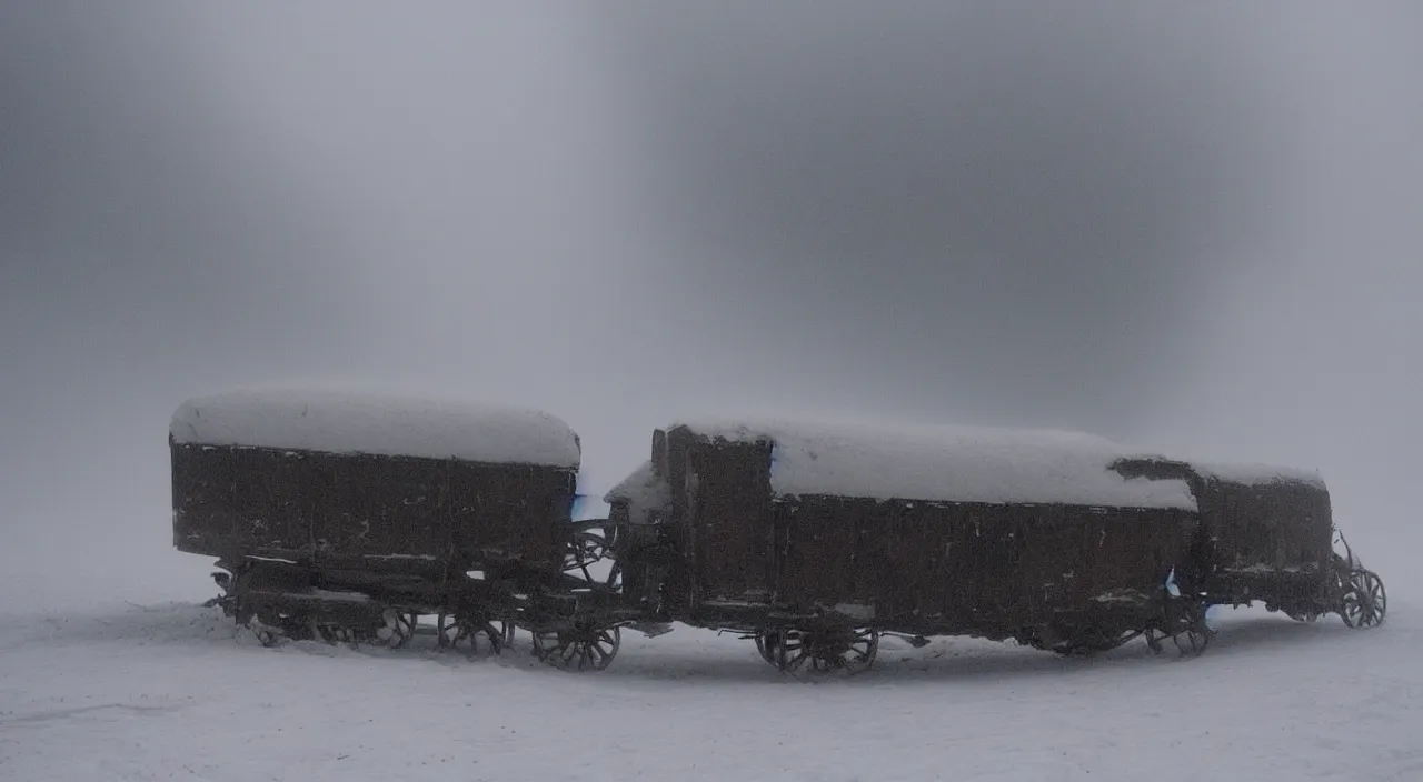 Prompt: “photo of one biomechanical mammoth/wagon in an arctic storm with fog and blizzard, the mammoth drags old gigantic coal wagons with snow, it's a sunset photo with cold tones, some people around ”