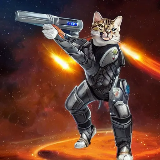 Image similar to a feline space warrior in combat armor fighting with an energy rifle,