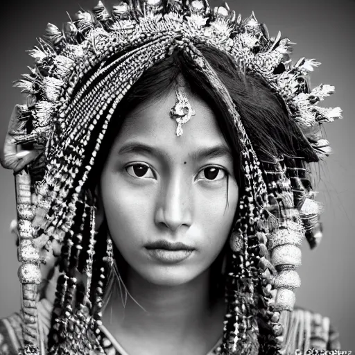 Image similar to portrait of a stunningly beautiful alluring nepalese tribal female, depth of field, zeiss lens, detailed, symmetrical, centered, fashion photoshoot, by annie leibovitz and steve mccurry, david lazar, jimmy nelsson, breathtaking, 8 k resolution, extremely detailed, beautiful, establishing shot, artistic, hyperrealistic, beautiful face, octane render