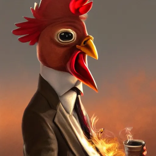 Image similar to a chicken wearing a suit smoking a cigar, dramatic lighting, cinematic, establishing shot, extremly high detail, photorealistic, cinematic lighting, artstation, style by James Gurney