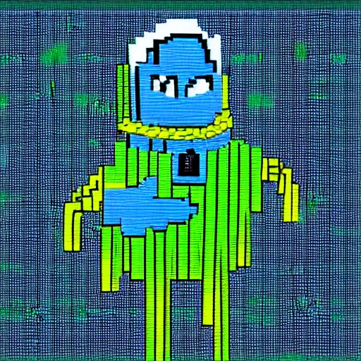 Prompt: blue robot ghost wearing a letterman jacket and genie pants, v mouth, cow lick hair practicing magic in a green slime filled city pixel art wide angle view realistic high detail