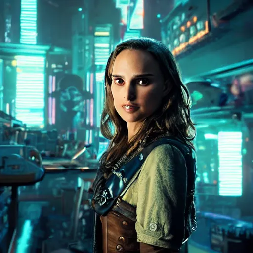 Image similar to a high quality portrait of natalie portman as a pirate in a cyberpunk cyberpunk cyberpunk cafe, realism, 8k, award winning photo