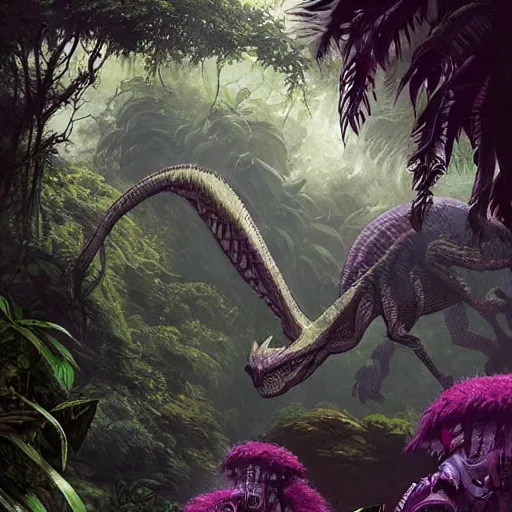 Prompt: Concept art of a scaly raptor-like alien creature, surrounded by a lush alien jungle with purple flora, Greg Rutkowski, Darek Zabrocki, Karlkka, Jayison Devadas, Phuoc Quan, trending on Artstation