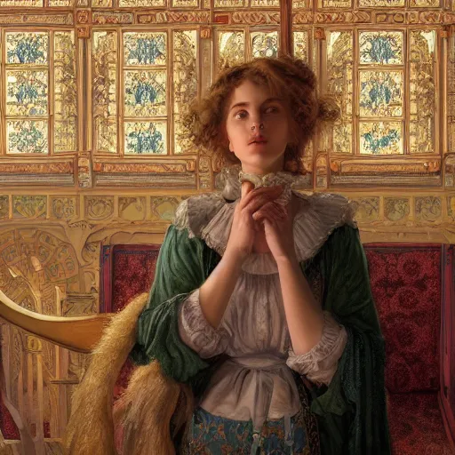 Image similar to a very detailed portrait painting of Isabelle, a very detailed french room, a very detailed dramatic sky, light particles, environment drawn by Donato Giancola and Tom Bagshaw, Edmund Leighton, character design by Alphonse Mucha, 4k, volumetric lighting, komorebi, award winning, octane render, hyperrealistic