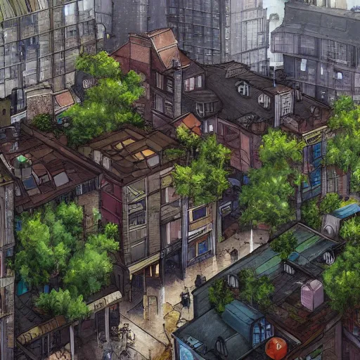 Prompt: view from the street level, shows a dense cityblock, ground floor shops, residential apartments, rooftop garden. rainy atmosphere. sharp focus, smooth, hd, detailed, decayed, digital painting trending on art station, studio ghibli.