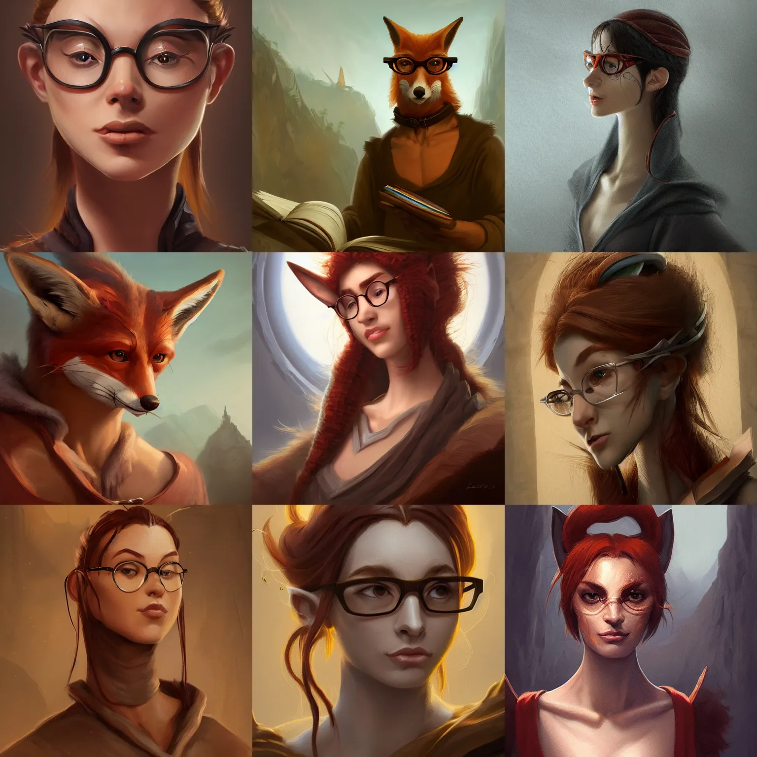 Prompt: studious librarian fox fantasy character - face portrait, unclad, raphael lacoste, eddie mendoza, alex ross, concept art, matte painting, highly detailed, rule of thirds, dynamic lighting, cinematic, detailed, denoised, centered