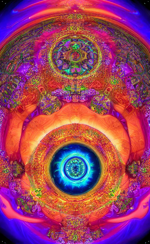 Prompt: visionary eye sacred geometry of a mandelbulb eco - system in a nebula of neon psychedelic colors with precise details, perfect symmetry, dmt 5 th dimension, vivid colors, neon colors, by alphonse mucha and gustave dore, unreal engine 8 k hdr psychedelic photorealism