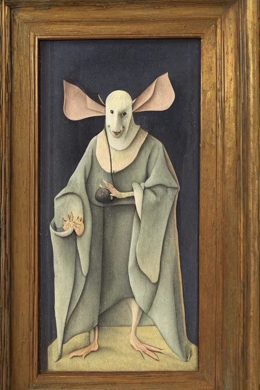 Image similar to silly hieronymus bosch framed oil painting of a bat in fancy felt robes. muted colour palette