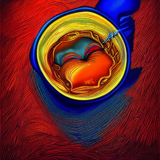 Image similar to boiling imagination in a bowl, ultra detailed, digital painting, dark blue, yellow, orange, red