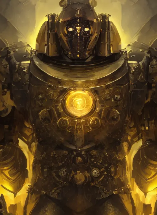 Image similar to dynamic attack position abstract portrait of a intricate glorious holy mechanical warforged character in yellow armor holding a paladin engraved great longsword drawn and carrying a big paladin shield, beam projector when eye is, face in focus, epic , trending on ArtStation, masterpiece, cinematic lighting, by Ross Tran and by Greg Rutkowski