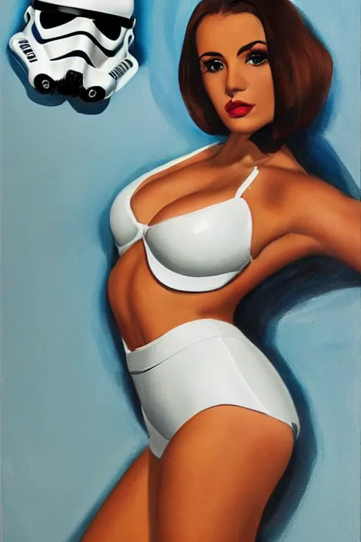 Image similar to female in white bikini with tattoos and stormtrooper helmet, well composed, clean elegant painting, beautiful detailed face. 6 0 s style advertising