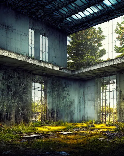 Prompt: a beautiful photorealistic illustration of city unfinished building abandoned establishment by odile decq, darkacademia infrared cyberpunk at dawn anime forest reclaimed by nature lake meadow myst retrowave flowers lightpaint hyperrealism nature thermal imaging, archdaily, wallpaper, highly detailed, trending on artstation.