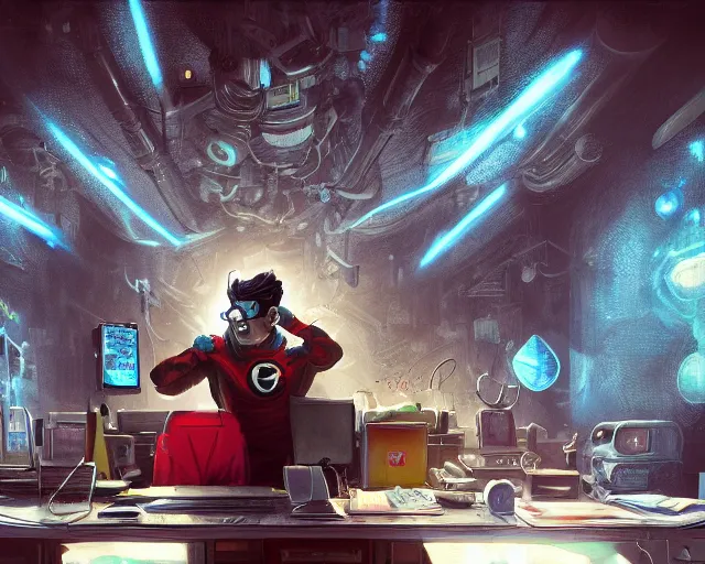 Image similar to an insanely detailed painting of a nerdy asian man wearing a superhero costume, sitting at a desk, staring at the nervously at the computer and typing, in the style of peter mohrbacher, dramatic lighting and composition, surreal background, octane render, pixar, trending on artstation, concept art, comic book, view from behind