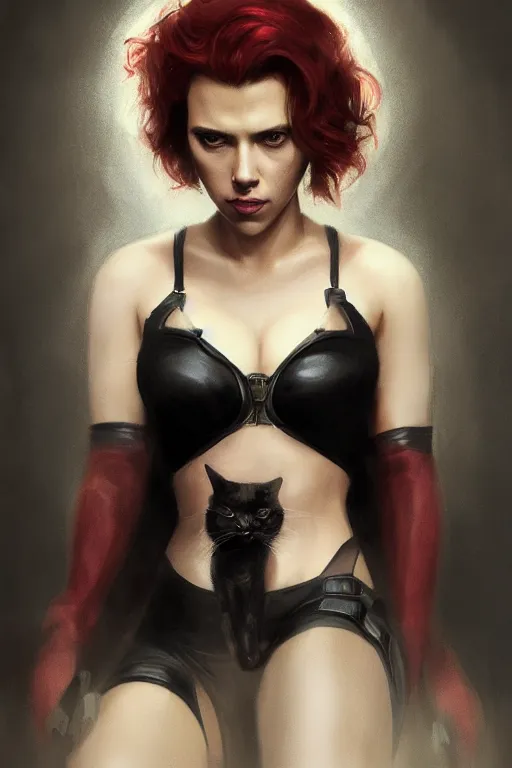 Prompt: a fancy portrait of Scarlett Johansson as cat women by Greg Rutkowski, Sung Choi, Mitchell Mohrhauser, Maciej Kuciara, Johnson Ting, Maxim Verehin, Peter Konig, final fantasy , mythical, 8k photorealistic, cinematic lighting, HD, high details, atmospheric,