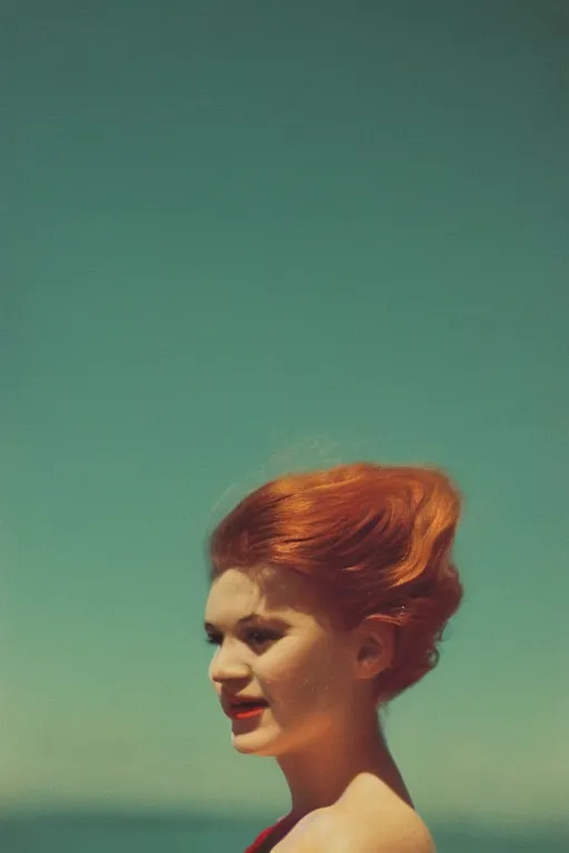 Prompt: vintage aged analog portrait of a beautiful young woman in the 1960s, the ocean visible in the background, green tones, red color bleed, sunshine, film grain