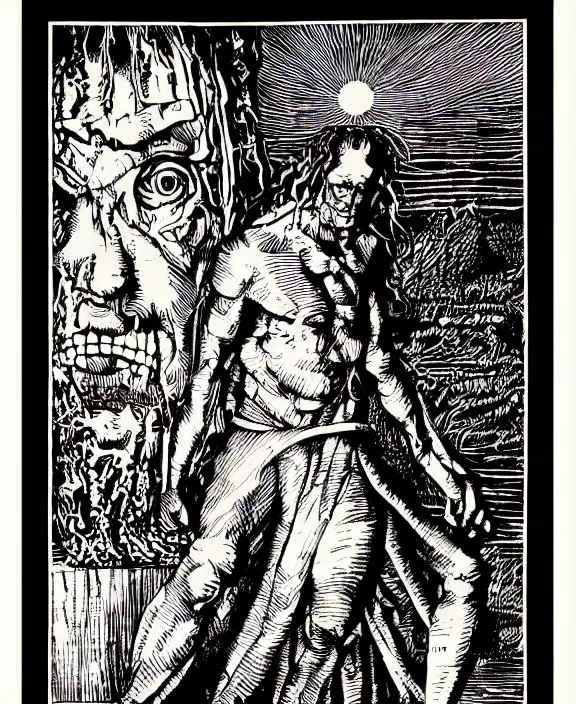 Image similar to frankenstein, art by james o barr and albrecht durer, woodblock print, engraved, black and white, vector, vector art