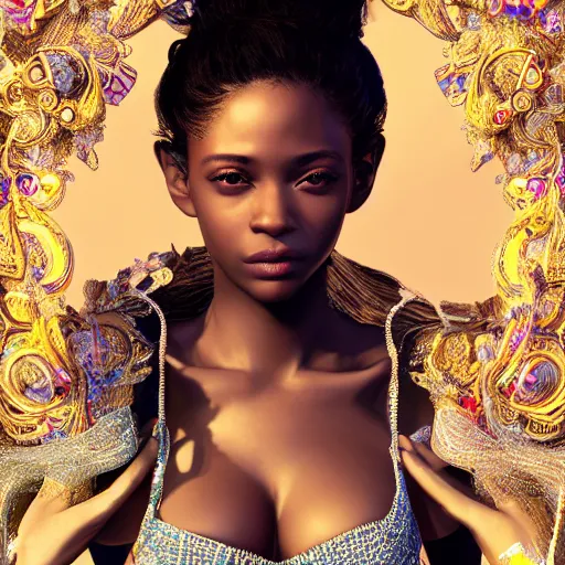 Prompt: the portrait of the absurdly beautiful, graceful, elegant, gorgeous, innocent black young glamour model made with crystals, an ultrafine hyperdetailed illustration by kim jung gi, irakli nadar, intricate linework, bright colors, octopath traveler, final fantasy, unreal engine 5 highly rendered, global illumination, radiant light, intricate environment