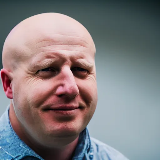 Prompt: A realistic photo of a bald Boris Johnson with a tattoed head, bald, bald, bald, m.zuiko 75mm, f 1.8, 1/400, RAW, unedited, 8K, high quality,