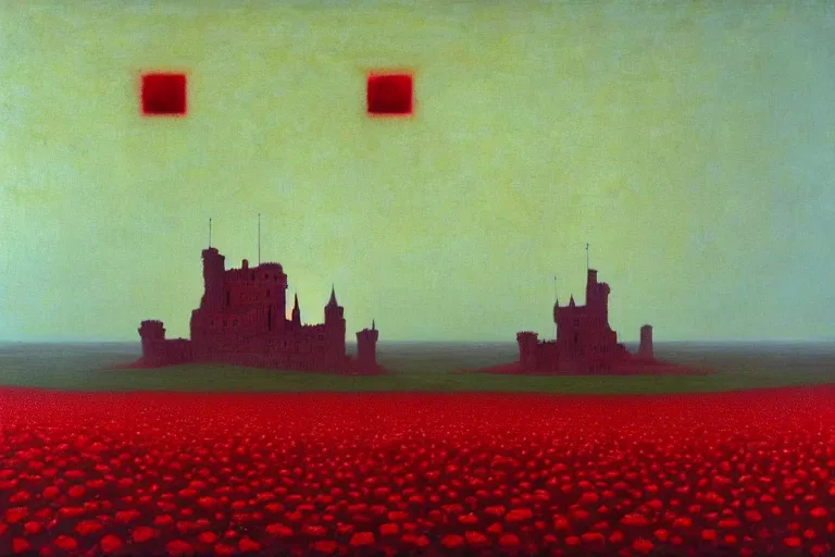 Image similar to only with red, red flowers of different types, a castle in the background, red giants rest over the flowers, in the style of beksinski, part by hopper, part by rodcenko, part by hofbauer, intricate composition, red by caravaggio, insanely quality, highly detailed, masterpiece, red light, artstation, 8 k