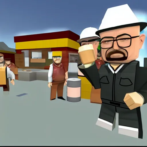 Prompt: walter white in roblox game work at a pizza place