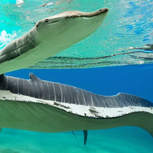 Prompt: photo of a plesiosaur swimming next to boat in crystal clear tropical water