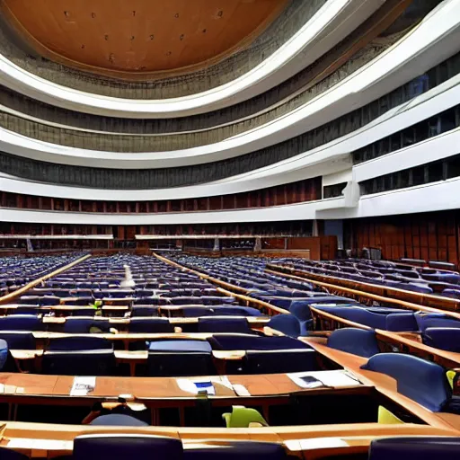 Prompt: interior of the israeli parliament, located in the center of a building site in israel, wide shot