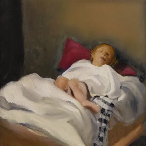 Image similar to an oil painting of a young boy with long blonde hair sleeping in bed with a checkered comforter