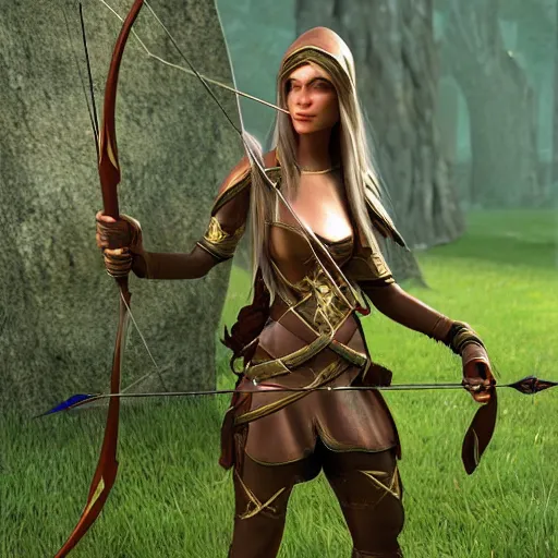 Image similar to elven archer, 3D, realistic, unreal engine, burning bow