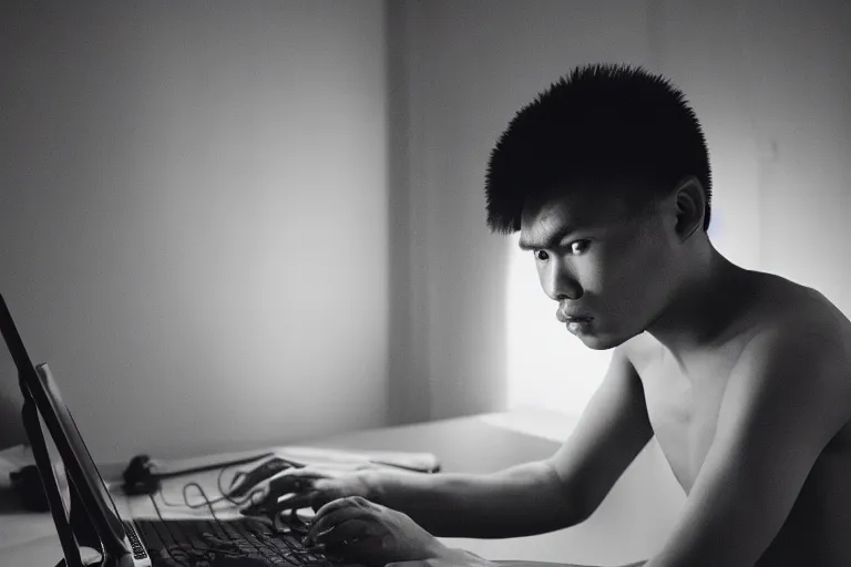 Image similar to closeup potrait of young filipino man looking defeated in front of his computer, amsterdam, dark room, screen light, sharp, detailed face, magazine, press, photo, Steve McCurry, David Lazar, Canon, Nikon, focus