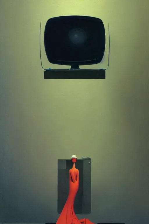 Image similar to woman put the television through her head Edward Hopper and James Gilleard, Zdzislaw Beksisnski, higly detailed