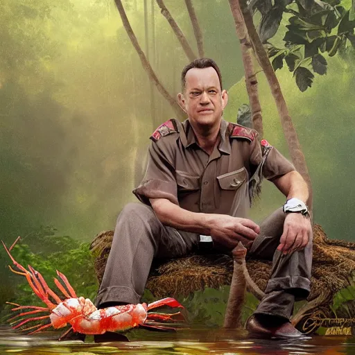 Prompt: Tom Hanks as forrest gump sitting on a giant shrimp in the jungle, realistic digital painting, in the style of Vitaly Samarin Alexiu, photoreailstic, realistic face, amazing detail, sharp