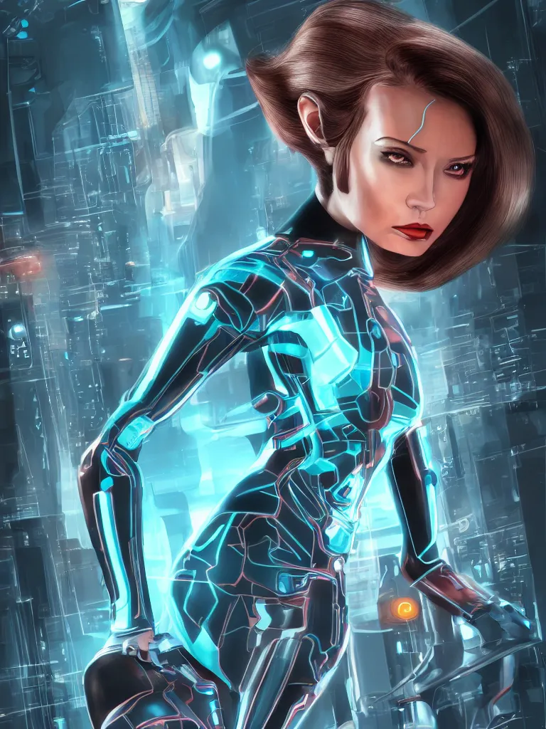 Prompt: a computer virus woman from Tron, wild, choatic villainess, femme fatale, corrupted data surrounds her, character design by jack kirby and syd mead, full color, full 3d environment, glowing datascape, intricate complexity, detailed portrait, intricate complexity, artgerm and artstation trending, quixel megascan, 5k