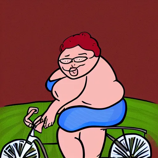 Prompt: your obese mother trying her best to ride a bicycle, digital art