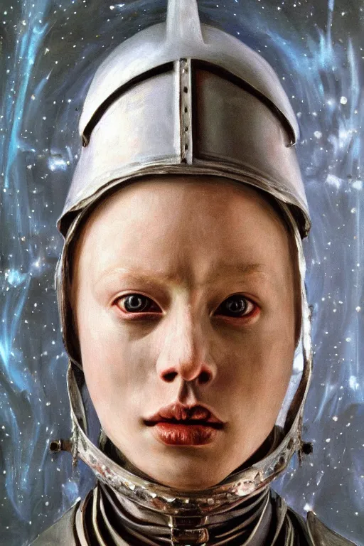 Image similar to hyperrealism oil painting, close - up portrait of albino medieval fashion model, knight, steel gradient mixed with nebula sky, in style of baroque