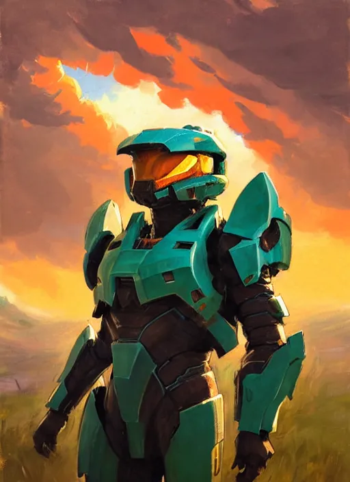 Image similar to Greg Manchess painting of a Corgi head on a combination of Metroid Prime Armor and Forerunner Armor from Halo, countryside, calm, fantasy character portrait, dynamic pose, above view, sunny day, thunder clouds in the sky, artwork by Jeremy Lipkin and Giuseppe Dangelico Pino and Michael Garmash and Rob Rey, very coherent asymmetrical artwork, sharp edges, perfect face, simple form, 100mm