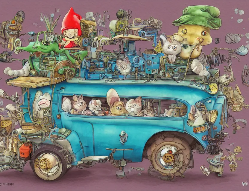 Image similar to cute and funny, a garden gnome driving a steampunk bus, a cat on the roof holding on, ratfink style by ed roth, centered award winning watercolor pen illustration, isometric illustration by chihiro iwasaki, edited by range murata, tiny details by artgerm and watercolor girl, sharply focused