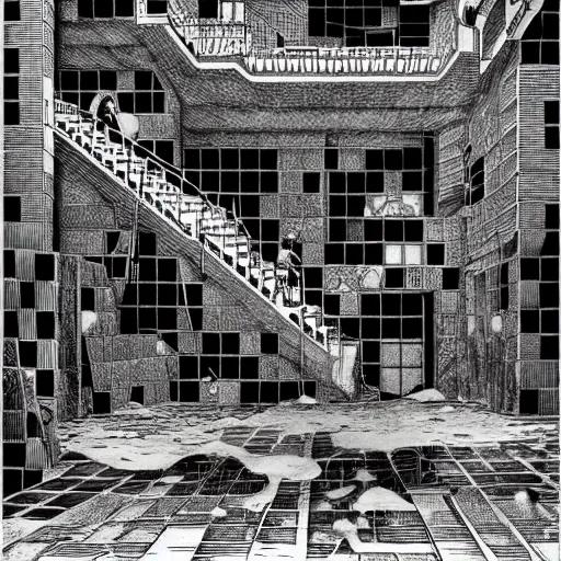 Prompt: a flood of slime in a bright white hallway with many doors and many stairs, Mc Escher architecture, epic composition, by Junji Ito