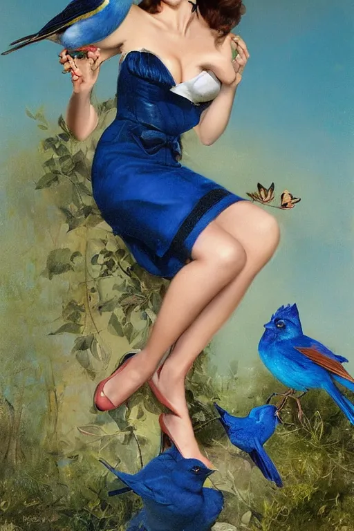 Prompt: portrait of sophie marceau as pinup girl holding an indigo bunting, bird, the bird is wearing a bowtie, by greg rutkowski, rossdraws, gil elvgren, enoch bolles, porcelain skin, glistening, very coherent,