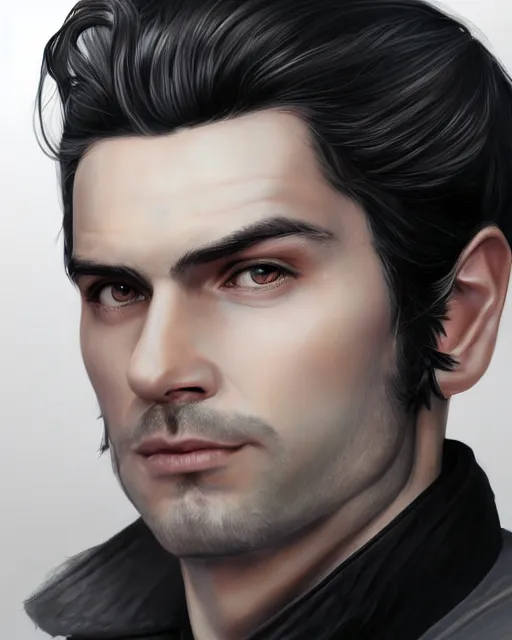 Image similar to portrait of tall, 3 3 - year - old handsome man with long dirty black hair, and ice grey eyes, wearing black clothes, no beard, hyper realistic face, beautiful grey eyes, character art, art by mark brooks, hyperdetailed, cryengine, trending on artstation, digital art