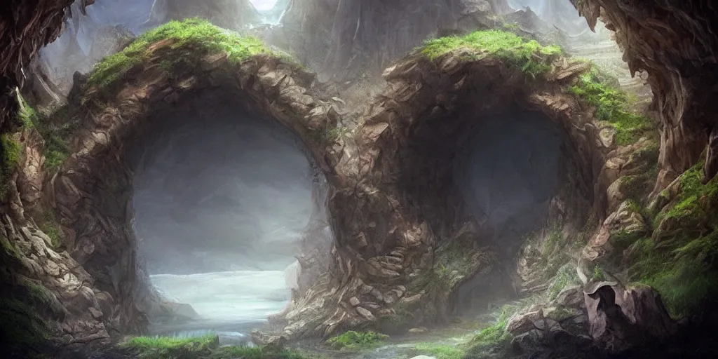 Image similar to beautiful matte painting of a fantasy cave entrance