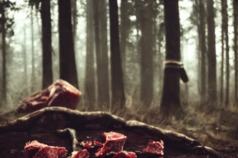 Image similar to terrible dark forest in the depths of which there is a large butcher chopping meat on a wooden stump from Dota 2 filmed hidden on a phone camera, Cinematic, wildlife photography, 35mm, photo on iphone