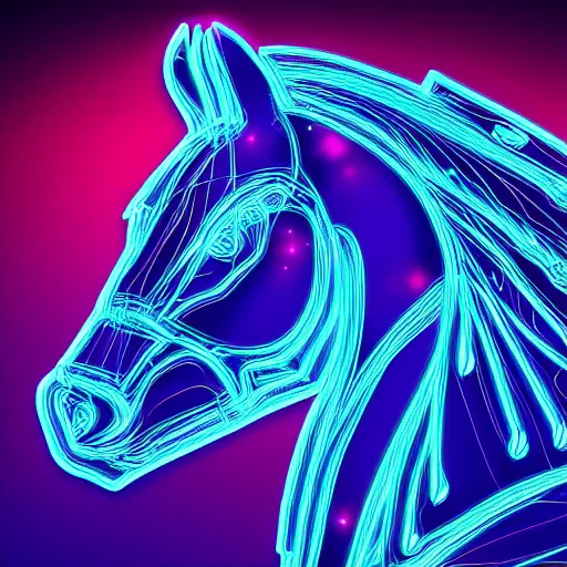 Image similar to digital horse, artificial being, glowing circuitboard patterns, retrowave palette, highly detailed, anatomically correct equine, synth feel, digital art