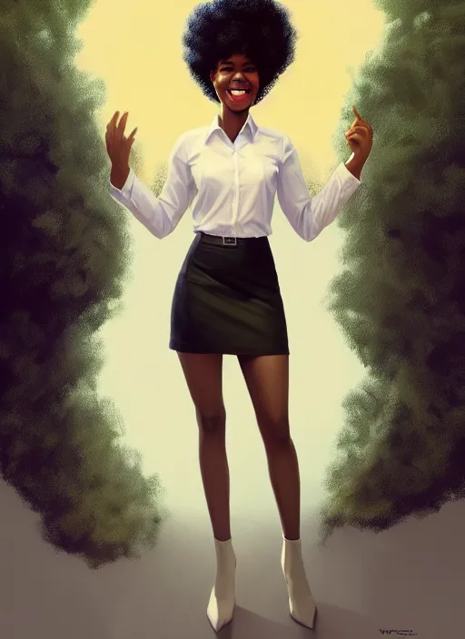 Image similar to full body portrait of young black woman with natural hair as a realtor, corporate skirt suit, intricate, beaming smile, angelic halo, highly detailed, digital painting, artstation, concept art, smooth, sharp focus, illustration, art by wlop, mars ravelo and greg rutkowski