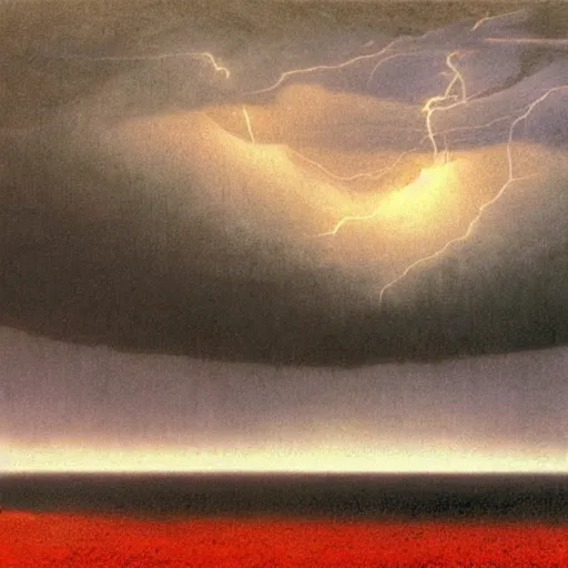 Prompt: thunderstorm at the lake made by zdzisław beksinski, ( ( dark clouds ) )