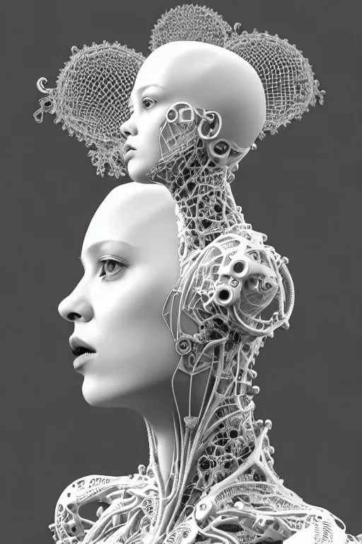 Image similar to bw 3 d render, stunning beautiful young cute biomechanical albino female cyborg with a porcelain profile face, angelic, rim light, big leaves and stems, roots, fine foliage lace, alexander mcqueen, art nouveau fashion embroidered, steampunk, silver filigree details, hexagonal mesh wire, mandelbrot fractal, elegant, artstation trending