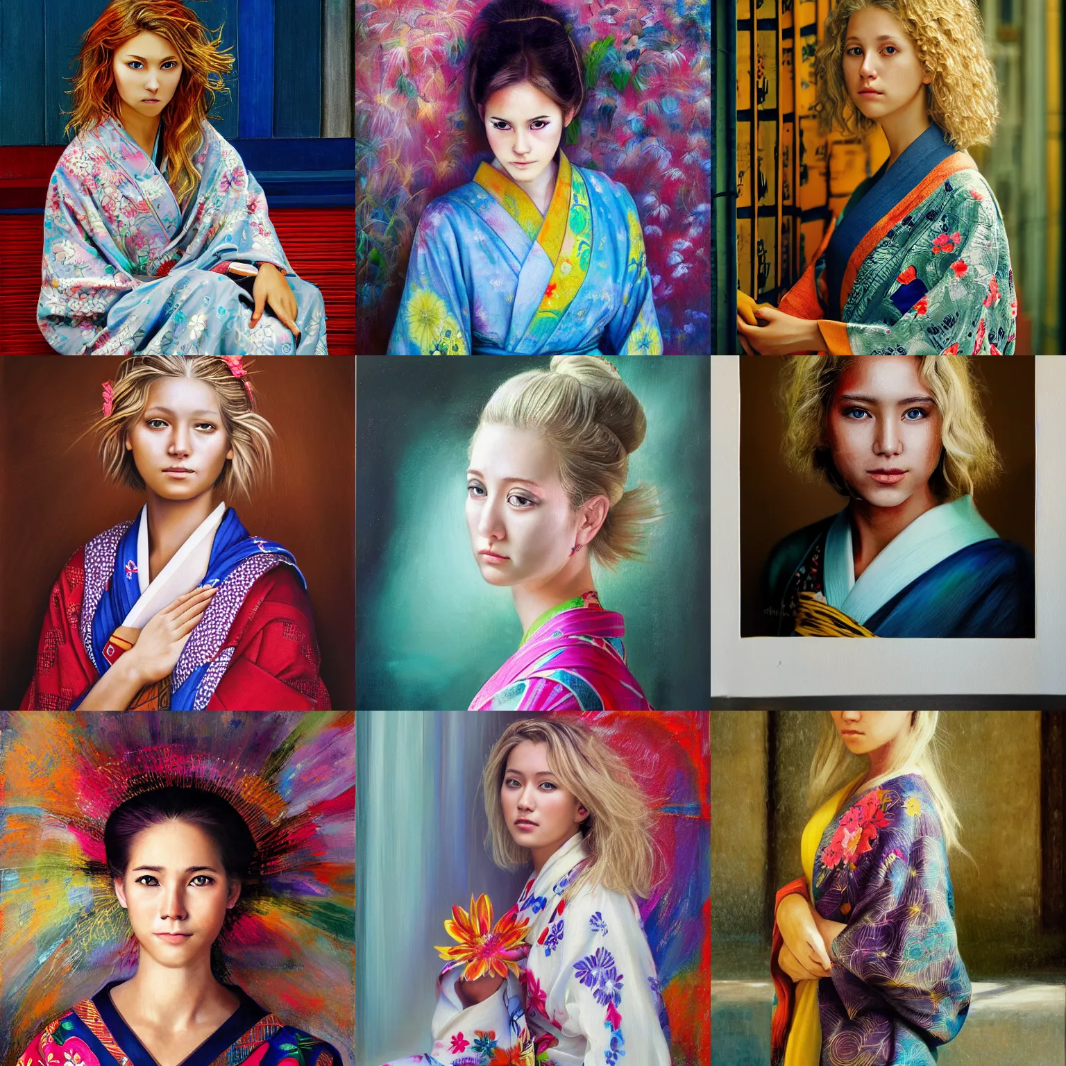 Prompt: stunning, breathtaking, awe - inspiring award - winning concept art portrait painting by steve mccurry of a beautiful young blonde white woman with short, wavy hair, wearing a colorful yukata